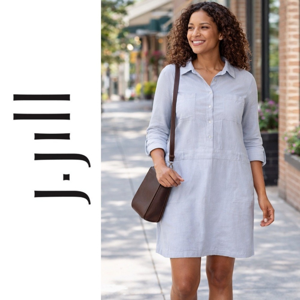 J. Jill Linen Raindrop Blue Chambray Popover Long Sleeve Collar Shirtdress Large